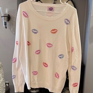 FUN Women's Sweater with Multicolor Sequin Kisses/Lip Design